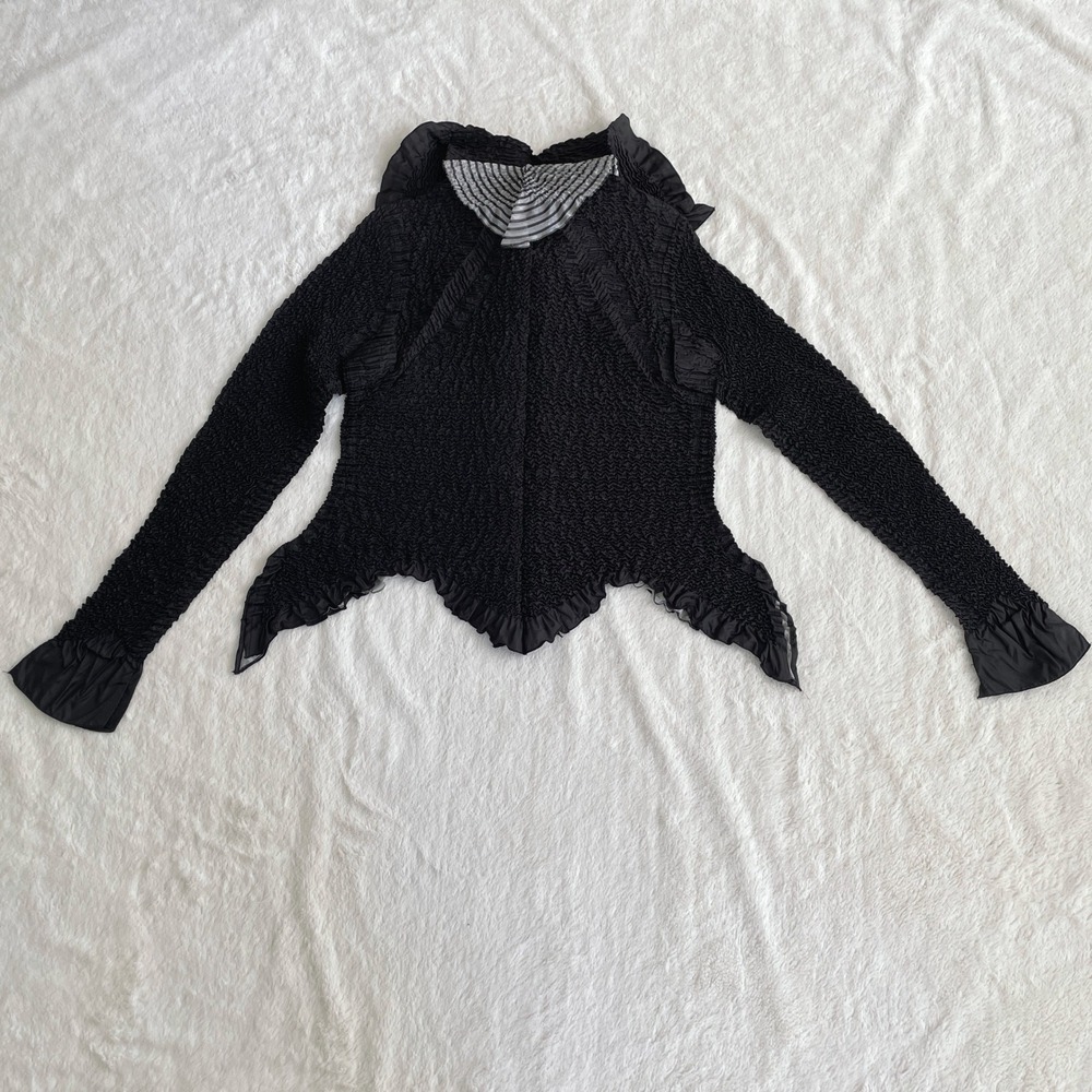 Yoshiki Hishinuma Star Collar Crinkle Blouse Black Silver Asymmetric Hem Size 2 - Picture 2 of 9